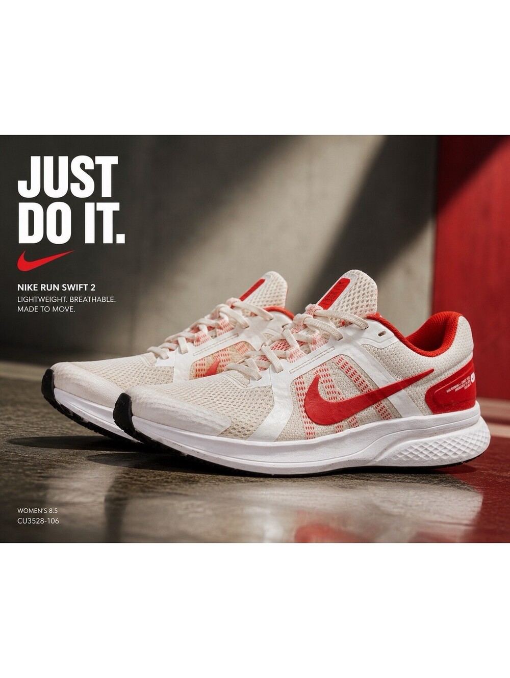 Nike Run Swift 2 Women’s 8.5 White University Red Running Shoes CU3528-106